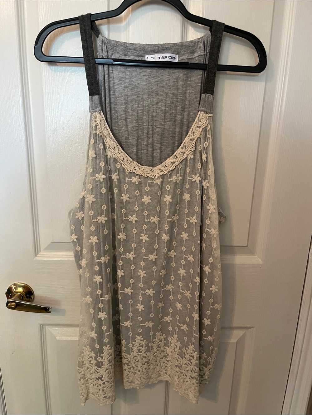 Maurices Gray Tank Top with Cream Floral Lace Overlay